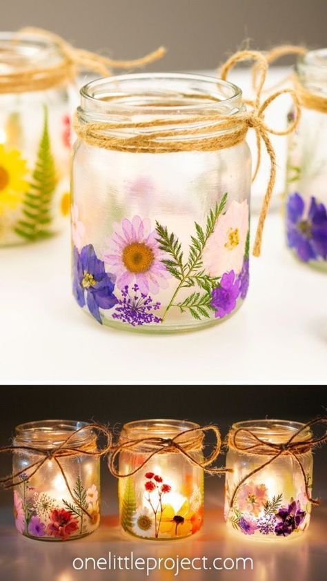 Pressed Flower Lanterns, Pressed Flower Craft, Pressed Flower Crafts, Diy Jar Crafts, Flower Craft, Diy Bricolage, Mason Jar Crafts Diy, Glass Bottle Crafts, Jar Diy