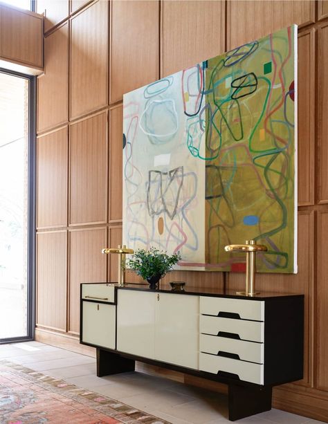 Mid Century Modern Foyer, Jenkins Interiors, Entrance Halls, Modern Entry, Hallway Inspiration, Next Door Neighbor, Curated Decor, Classical Elements, Wall Panelling