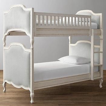 White and Gray Upholstered Bunk Bed Modern Bunk Beds For Girls Room, Grey Bunk Beds, Idea Bilik Tidur, Bunk Beds For Boys Room, Reka Bentuk Bilik Tidur, Adult Bunk Beds, Restoration Hardware Baby, Bunk Beds With Stairs, Bunk Beds With Storage