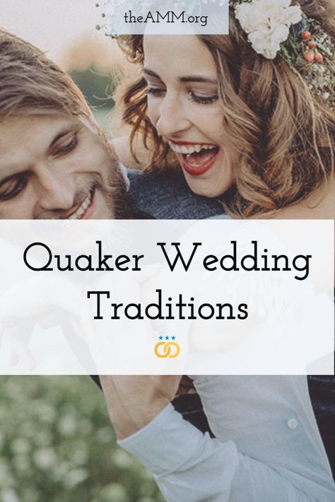 Close up image of a bride laughing and smiling as she's carried by the groom on his back, outdoors in a field filled with white flowers, with an abbreviated form of the article title, "Quaker Wedding Traditions" and the American Marriage Ministries logo of two gold rings below three blue stars Quaker Wedding, Ceremony Traditions, How To Get Married, Wedding Ceremony Traditions, Wedding Traditions, When I Get Married, Marriage Certificate, Wedding Officiant, Marriage Ceremony