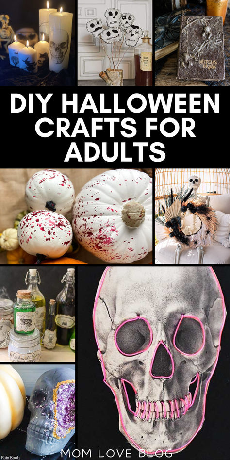 Collage of DIY Halloween crafts for adults. Halloween Crafts For Adults Projects, Halloween Craft Night Adults, Dollar Tree Wood Crafts Diy Halloween, Halloween Diys To Sell, Teen Halloween Craft Ideas, Halloween Felt Crafts Diy, Halloween Craft Girls Night, Diy Halloween Decorations To Sell, Halloween Crafts For Girls Night