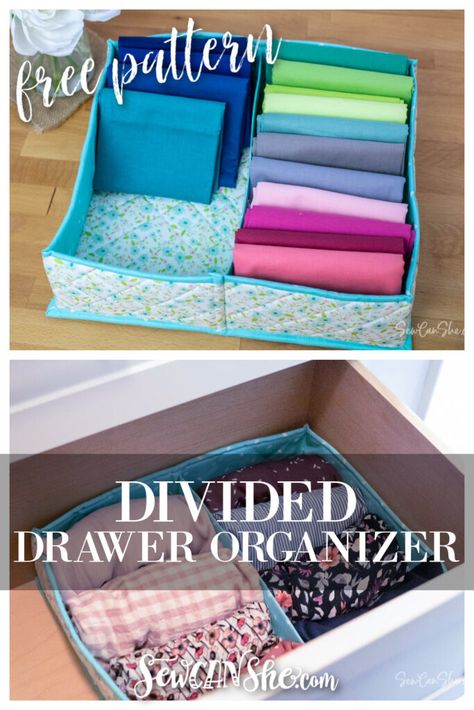 DIY Divided Drawer Organizer – Free Sewing Pattern Diy Drawer Organizer, Drawers And Shelves, Free Sewing Pattern, Fabric Boxes, Drawer Organizer, Sewing Organization, July Crafts, Sewing Studio, Drawer Organisers