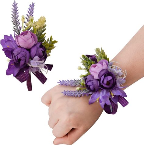 Wedding Wrist Corsage, Corsage And Boutonniere Set, Hand Flower, Wrist Flowers, Corsage And Boutonniere, Rose Violette, Rose Purple, Prom Flowers, Hand Flowers