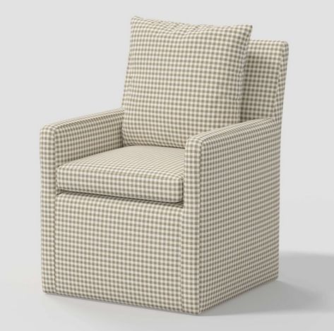 Neutral pillowback chair, perfext for your beige living room, sitting room, or home office. Chair Nook Living Room, Plaid Lounge Chair, Sitting Room Accent Chairs, Gingham Couch, Gingham Chair, Chair Nook, Room Study Area, Arm Chair Corner, Plaid Chair