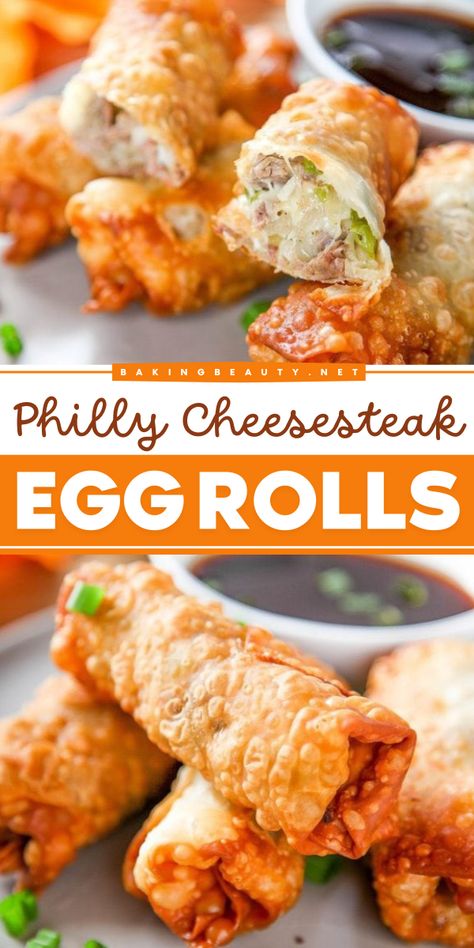 New Year's Eve food ideas have never been so good until this simple game day recipe! Philly Cheesesteak egg rolls are the best holiday appetizer. You've got the crunchy egg rolls on the outside, and on the inside the tender steak and melty cheese. Egg Roll Philly Cheese Steak, Philly Steak Egg Rolls, Steak Egg Rolls, New Year's Eve Food, Philly Cheesesteak Egg Rolls, Egg Roll Filling, Best Holiday Appetizers, Philly Steak, New Years Eve Food