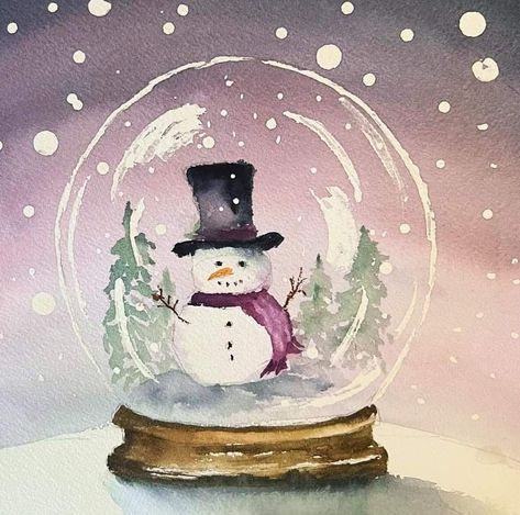 Watercolor Snow Globe, Watercolor Art Christmas Cards, Watercolor Snowglobe, Snowglobe Watercolor, Snowglobe Drawing, Watercolour Snowman, Snow Globe Painting, Snow Globe Watercolor, Snow Globe Art