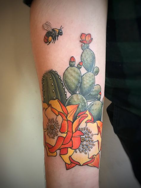 Desert Flower Tattoo, Cactus Flower Tattoo, Cactus Tattoos, Bird Of Paradise Tattoo, Pastel Tattoo, Succulent Tattoo, Cowgirl Tattoos, Bright Tattoos, Cactus Tattoo