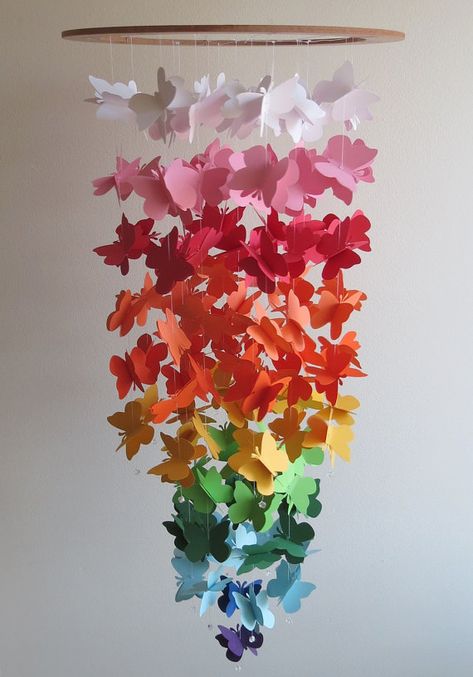 Colorful Butterfly Mobile butterfly mobile by EnchantedPendulosity Mobile Home Decor, Lamp Shade Crafts, Paint Chip Crafts, Colorful Mobile, Rainbow Mobile, Colored Butterfly, Paper Mobile, Butterfly Mobile, Origami Paper Art