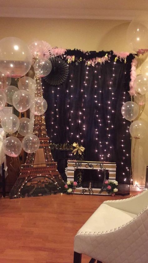 #backdrop #paris #bridalshower #bridetobe #mstomrs #love #pink #photobooth Paris Themed Decorations, Midnight In Paris Theme Party, Night In Paris Dance Theme, Paris Masquerade Theme Party, Paris Hoco Theme, Paris Themed Dance, An Evening In Paris Theme Party, Midnight In Paris Prom Theme, Paris Dance Theme