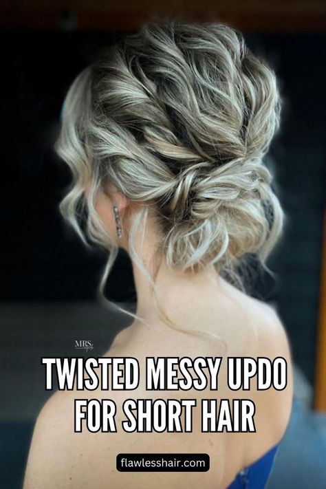 Twisted Messy Updo For Short Hair Short Updo Hairstyles For Wedding, Updos For Long Bobs, Medium Length Wedding Hairstyles Updo, Updo For A Wedding, How To Do An Easy Updo, Semi Updo Hairstyles Short Hair, Casual Wedding Updos For Medium Hair, Low Ponytail Wedding Hair Short, Shoulder Length Hair For Wedding Guest