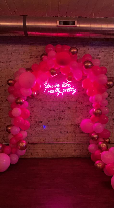 Neon Pink Sweet 16, Sorority Balloon Arch, Pretty In Pink Decorations, Sorority Party Decorations, Crush Party Sorority, Sorority Formal Decor, Sorority Social Ideas, Sorority Recruitment Themes Decoration, Sorority Formal Decorations