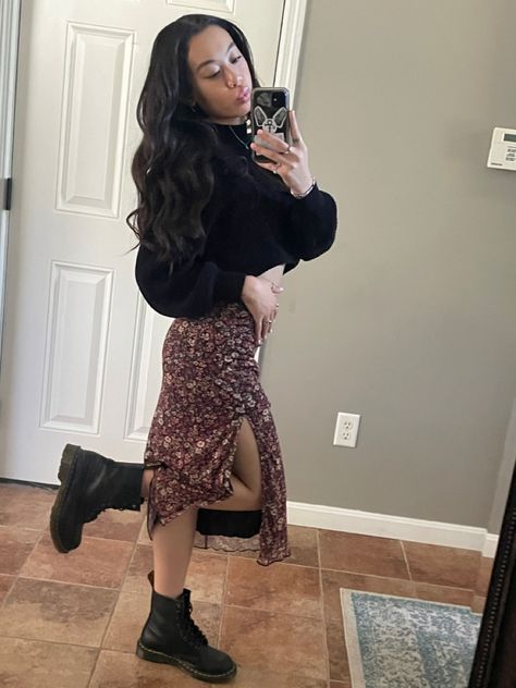 Long Skirt Outfits With Docs, Midi Skirt And Doc Martens, Maxi Skirt With Doc Martens, Skirts And Doc Martens Outfit, Long Dress With Doc Martens, Floral Doc Martens Outfit, Doc Martens With Skirt, Long Skirt Doc Martens Outfit, Doc Martens Skirt Outfits