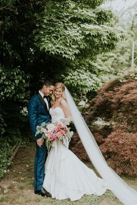 Gallery - Whimsical Rainy Day Wedding In Pink Gold and Teal Updo With Cathedral Veil, Veil Wedding Hair, Long Veil Wedding, Cathedral Wedding Veils, Veil Styles, Cathedral Wedding, Veil Wedding, Cathedral Veil, Bridal Updo