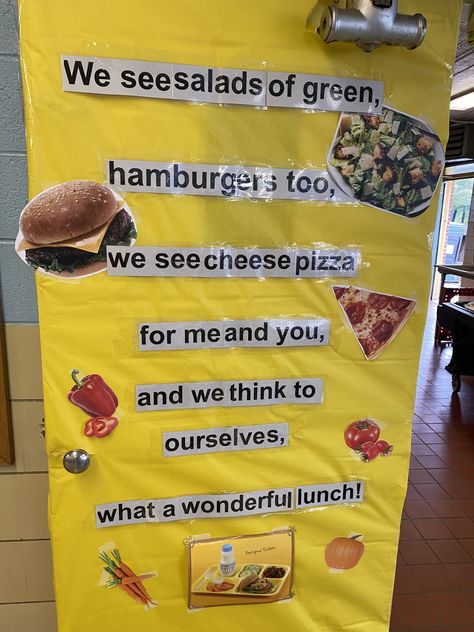 Lunch Lady Door Decorations, Cafeteria Door Decoration Ideas, Cafeteria Bulletin Board Ideas, Cafeteria Decor, School Cafeteria Decorations, Cafeteria Bulletin Boards, Door Decorations Classroom Christmas, Birthday Bulletin, School Door Decorations