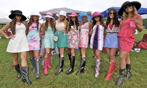 Cute girls at Steeplechase...love the boots! Steeplechase Outfit, Kentucky Oaks Outfit, Kentucky Derby Outfit, Kentucky Derby Style, Derby Attire, Derby Fashion, Derby Outfits, Bold Dresses, Derby Dress