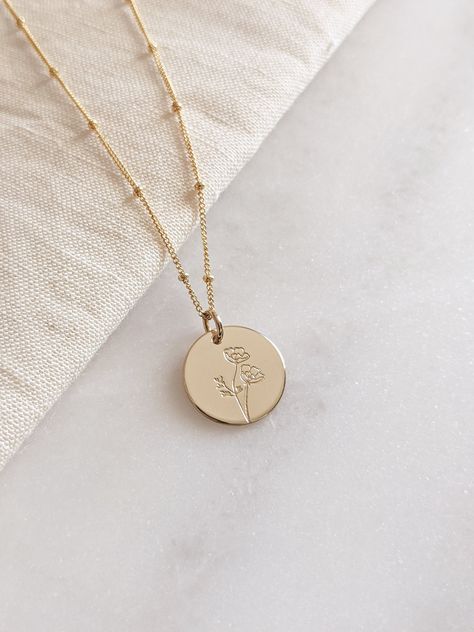 "Poppy Flower Necklace in 14k Gold Fill or Sterling Silver, Dainty Necklace for her, Wildflower Floral Disc Necklace, August Birth Month Necklace, Bridal Gift, Gift for Mom, Mothers Day Gift, Valentines Day In a field full of roses  Y O U . A R E . A . W I L D F L O W E R. D E T A I L S * Gold Filled: Gold Filled Disc, Clasp and Chain. * Sterling: .925 Sterling Silver Disc, Clasp and Chain. P E N D A N T * 5/8\" in size. * Comes with a Polished finish, unless Brushed Matte is requested at checko Wildflower Jewelry, August Birth Month, Raising Wildflowers, August Birth Flower, Flower Necklace Gold, Birth Flower Necklace, Necklace Bridal, Mom Jewelry, Bridal Gift