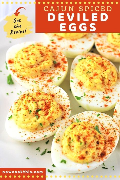 These Cajun Spiced Deviled Eggs are an easy and delicious way to change-up deviled eggs. The filling is flavored with Cajun seasoning, and the finished eggs are sprinkled with cayenne for a little spicy kick. Perfect for parties, potlucks, and picnics, they're always a hit! Get the recipe and try them! Cajun Deviled Eggs Recipe, Shrimp Deviled Eggs, Fried Deviled Eggs, Classic Deviled Eggs, Deviled Eggs Classic, Urban Cowgirl, Deviled Eggs Recipe, Misty Forest, Cajun Recipes