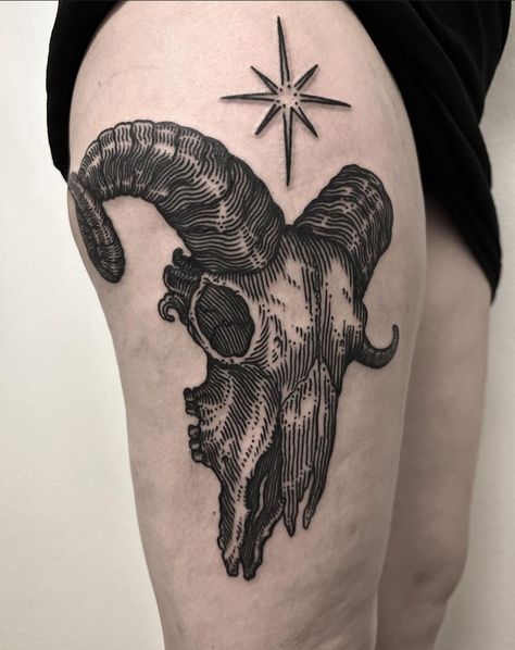 Ram Symbolism, Etching Style Tattoo, Medieval Style Tattoo, Rat King Tattoo, Etching Tattoo Linework, Wood Cut Tattoo, Medieval Woodcut Tattoo, Ram Skull Tattoo, Tat Inspiration