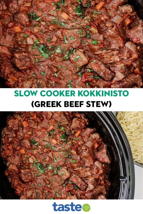 This rich, tomatoey stew has subtle spices which add a warming depth of flavour to the dish. The word ‘kokkinisto’ used here means ‘reddened’, and it refers to the rich tomato and red wine sauce. It’s perfect for the slow cooker - the cheap cut of beef becomes tender and flavoursome over the many hours of cooking. This means it’s the perfect budget meal to serve the family, or even to entertain guests! Moroccan Beef Stew Slow Cooker, Thai Red Curry Beef Slow Cooker, Greek Beef Stew Recipe, Slow Cooked Massaman Beef Curry, Beef Massaman Curry Slow Cooker, Kokkinisto Beef, Greek Beef Stew, Beef Chuck Steaks, Red Wine Sauce