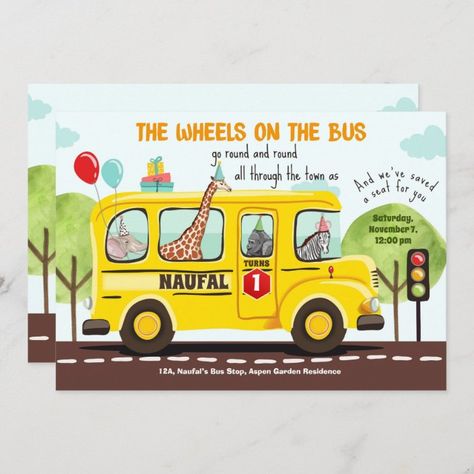 Wheels on the Bus Birthday Invite School Bus Party | Zazzle.com School Bus Party, Bus Party, The Wheels On The Bus, Yellow School Bus, 2nd Birthday Party Themes, Back To School Party, Wheels On The Bus, Birthday Songs, Party Bus