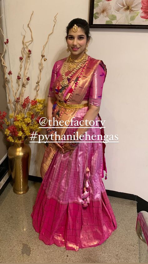 Pythani Pattu Lehanga, Langavoni Designs, Paithani Lehenga Half Saree, Pithani Pattu Blouse Designs, Pink Pattu Lehenga, Paithani Langa Voni, Paithani Half Saree Designs, Paithani Half Saree, Paithani Lehangas