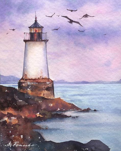 Watercolor Lighthouse Paintings Easy, Light House Paintings Easy, Watercolour Lighthouse, Easy Watercolor Landscape, Lighthouse Watercolor, Watercolor Lighthouse, Landscape Painting Ideas, Sea Watercolor, Watercolor Whale