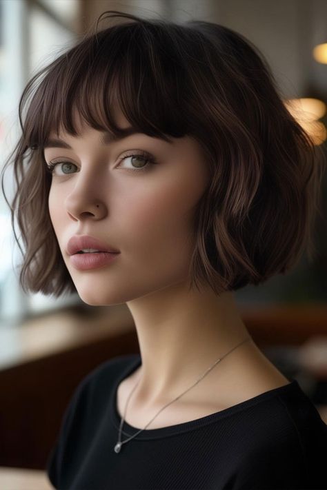 Elegant French Bob with Wispy Bangs, haircut for round face Modern French Bob With Bangs, French Bob Oblong Face, Round Face French Bob, French Bob Round Face, Cute Haircuts For Round Faces, French Bob With Bangs Round Faces, Bob Haircuts Layered, French Bob With Bangs, Bob With Wispy Bangs