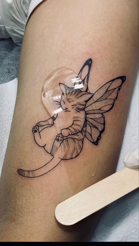 cat with wings tattoo Fairy Wing Tattoos, Butterfly Wing Tattoo, See Tattoo, Cat Tattoo Small, Cat Tattoos, Cat Tattoo Designs, Cute Tiny Tattoos, Detailed Tattoo, Dainty Tattoos