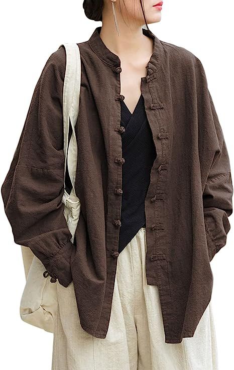 Aeneontrue Women's Linen Blouse Tops Long Sleeve Vintage Tunic Casual Loose fit Chinese Frog Shirts Brown at Amazon Women’s Clothing store Blouses Vintage, Overalls Pants, Vintage Long Sleeve, Plus Size Cardigans, Tops Long Sleeve, Oversized Blouse, Blouse Tops, Vetements T Shirt, Linen Blouse