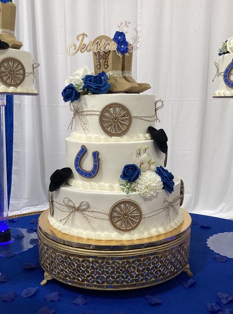 Charro Quinceanera Theme Blue, Quinceanera Cowboy Theme, Quince Decorations Western Theme, Royal Blue Vaquera Quince, Centerpieces Charro Theme, Quinceanera Cakes Western, Royal Blue Vaquero Quince, Quince Cakes Mexican Theme, Quinceanera Horse Theme