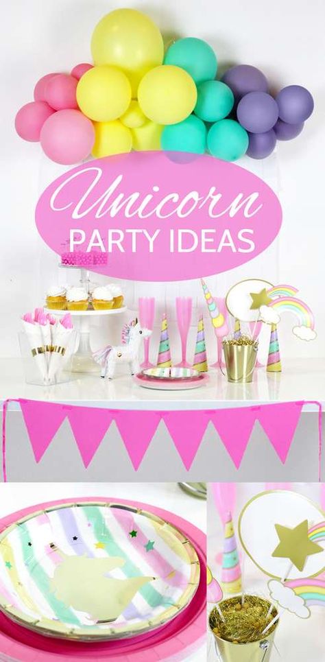 Pastel Rainbow Unicorn Party | CatchMyParty.com Unicorn Party Ideas, Unicorn Birthday Party Ideas, Rainbow Unicorn Party, Unicorn Photos, Rainbow Parties, Birthday Unicorn, Unicorn Birthday Party, Rainbow Party, Unicorn Birthday Parties