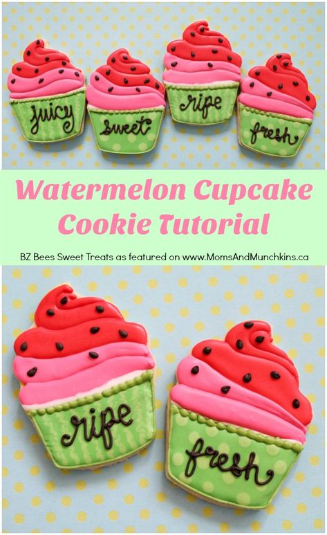 Watermelon Cupcake Cookies Tutorial Cupcake Sugar Cookies Decorated, Small Pound Cake, Piped Cookies, Decorator Cookies, Cookie Decorating Tutorial, Citrus Party, Diy Gifts For Christmas, Watermelon Cookies, Watermelon Cupcakes