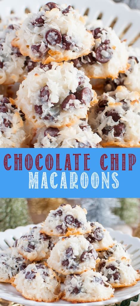 This Easy Chocolate Chip Macaroons Recipe is a must make for your Christmas cookie trays! Light and chewy with a delightful chocolate twist! The recipe is simple and the cookies freeze well, too! Chocolate Chip Macaroons, Macaroons Coconut, Christmas Cookie Trays, Macaroons Christmas, Christmas Coconut, Macaroons Recipe, Simple Cookie, Chocolate Peanut Butter Desserts, Chocolate Macaroons