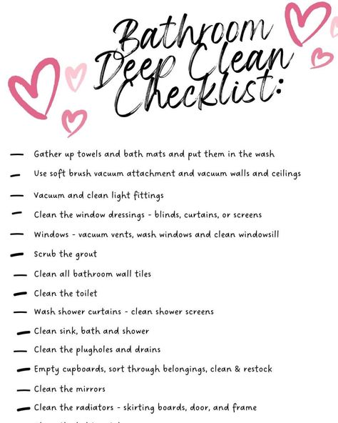 Home Cleaning & Organization Tips and Ideas | ***How To Deep Clean The Bathroom – grab our top to bottom cleaning checklist for really deep cleaning and organising the bathroom - checklist here ... | Facebook Bathroom Cleaning And Organization, How To Clean Your Bathroom, Clean Bathroom Checklist, Cleaning Bathroom Checklist, Deep Cleaning Bathroom, How To Deep Clean Your House, Bathroom Deep Clean, Room Reset, Room Motivation