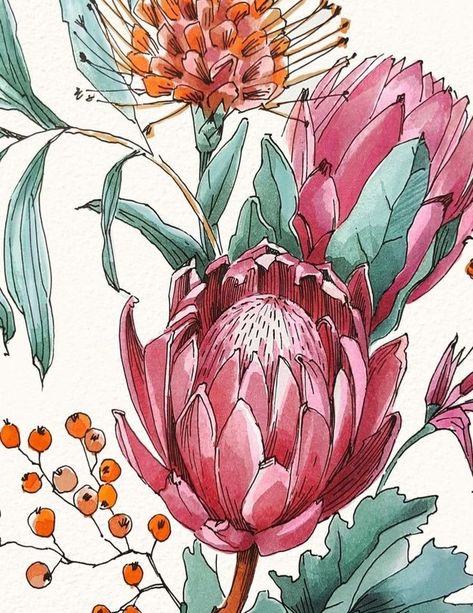 Commission Ideas, Collagraphy, Protea Flowers, Protea Art, Garden Mural, King Protea, Botanical Flower Art, Protea Flower, Succulent Art