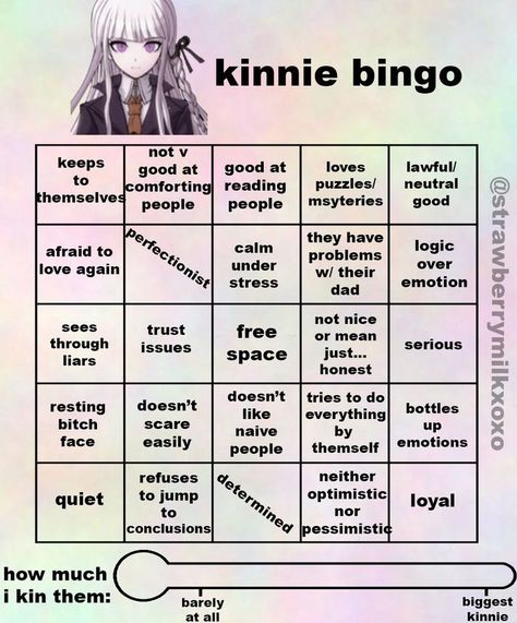 pls credit if you use thx xoxo Kyoko Kirigiri, Kinnie Bingo, Bingo Sheets, Bingo Template, Multiple Personality, Writing Fantasy, Over Love, Video Game Anime, Trigger Happy Havoc