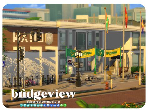 bridgeview high school; community lot 🏫 | simkoos on Patreon Sims 4 Cc High School, Sims 4 Highschool, Sims 4 University Cc, Sims 4 High School, Ts4 Lots, Sims Lots, The Sims 4 Lots, Sims Houses, Sims Builds