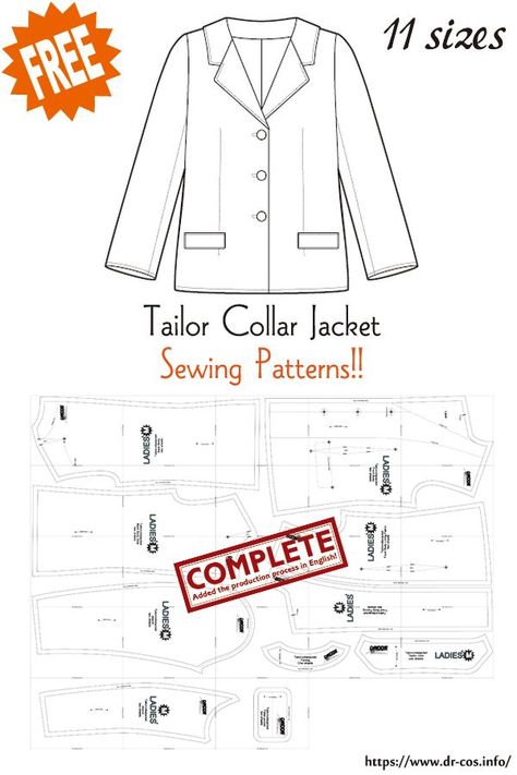 This is the pattern of Tailor Collar Jacket. cm size(A4 size) Children's-100,120,140/Ladies'-S,M,L,LL/Men's-S,M,L,LL Added the number of fabric meters required for each size ❤️The production process is now uploaded to the site. Suit Sewing Patterns, Free Sewing Patterns, Jacket Pattern Sewing, Cosplay Tips, Clothes Sewing Patterns, Collar Jacket, Paper Pattern, Collar Pattern, Jacket Pattern