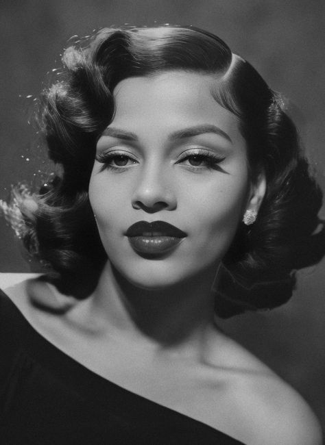 Black And White Photography Vintage Old Photos Hollywood Glamour, Vintage Pinup Curls, 1950s Inspired Photoshoot, 1950s Glamour Makeup, Old Hollywood Headshots, 50s Makeup Black Women, 1950s Makeup Black Women, Dark 1950s Aesthetic, Old Hollywood Portraits