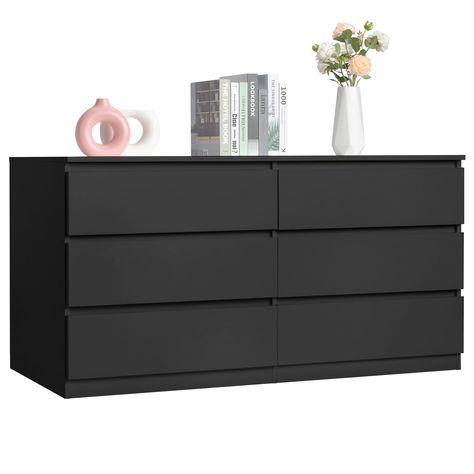 PRICES MAY VARY. 【Black Dresser for Bedroom】 Spaco Modern black 6 drawer dresser has 6 spacious storage drawers, which can store your clothes, toys, books, or any other personal items, making it easier for you to sort and store clutter! spacious tabletop is perfect to place frequently used items, keeping them in your reach.Overall dimensions : 55.1" (W) x 19.6" (D) x 28" (H). 【Perfect Combination of TV Stand and Dresser】This chest of drawers can be combined with your wall-mounted TV as an entert Natural Wood Dresser With Black Hardware, Black Dresser And Nightstand Set, Modern Black Dresser Bedroom, All Black Furniture Bedroom, Black Bedroom Furniture Aesthetic, Black Wood Shelves, Amazon Dresser Furniture, Small Room Dresser Ideas, Black Dresser Ideas