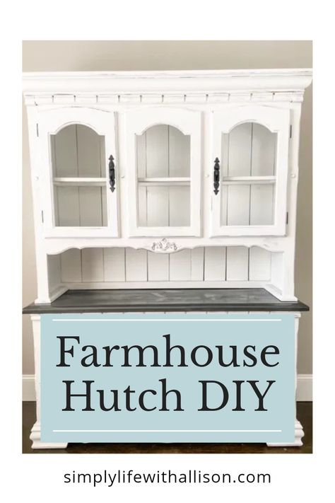 Read how I transformed a basic hutch into a farmhouse design. DIY farmhouse hutch. Farmhouse White Hutch, Antique White Hutch, Old Hutch Makeover Ideas Farmhouse, Redo Hutch Ideas, Kitchen Hutch Ideas Farmhouse Style, Diy Hutch Build, White Hutch Makeover, Refurbished Hutch Ideas, Kitchen Hutch Decorating Ideas