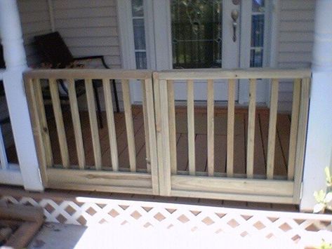 Porch Gate Design, Diy Gates, Porch Gate, Deck Gate, Dog Boarding Facility, Dog Gates, Deck Remodel, Patio Railing, Porch Remodel