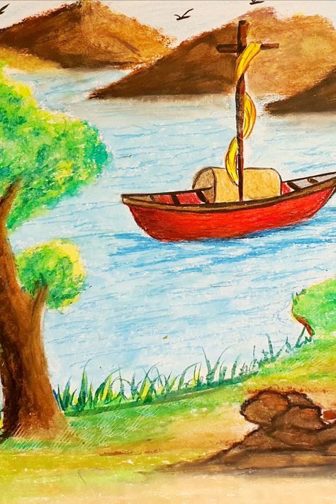 Easy River with Boat scenery step by step #kidsArt #Painting #kidsPainting#oilpastel #drawing#kidsdrawing River With Boat, Boat Scenery, Art Drawings For Kids, Painting For Kids, Art For Kids, Step By Step, Art Drawings, Drawings, Art