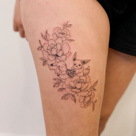 Pikachu&Eevee with a heart gem and peonies ✨ Cuteness& Feminine mood together! Thanks for coming back to me 😘😘 Eevee Tattoo, Pikachu And Eevee, Toronto Tattoo, Heart Gem, Thanks For Coming, Mom Tattoos, A Heart, Peonies, Tatting