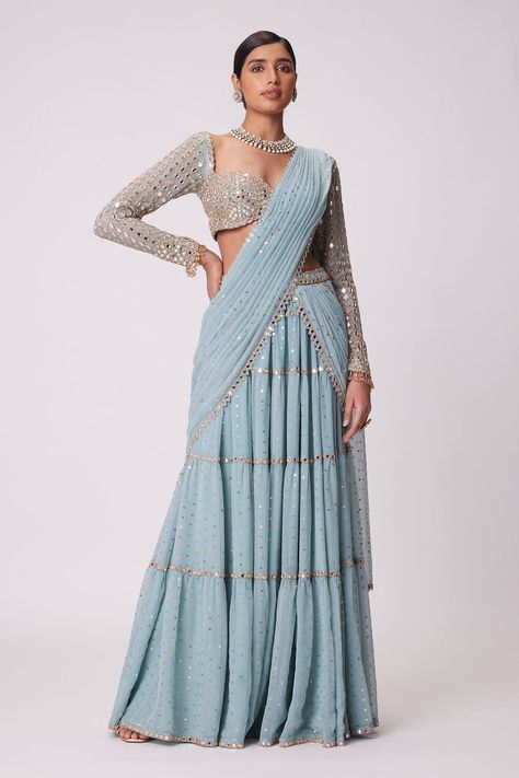 Blue Georgette Embroidery Mirror Work Traditional Lehenga Saree for Women Full Sleeves Blouse, Tiered Lehenga, Vani Vats, Full Sleeve Blouse, Mirror Embroidery, Indian Wedding Wear, Lehenga Saree, New Fashion Trends, Georgette Sarees