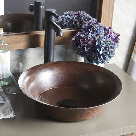 Maestro Bajo Copper Vessel Bathroom Sink | Native Trails Salon Bathroom, Powder Room Reno, Sink Inspiration, Copper Bathroom Sink, Creek Design, Spanish Bathroom, Copper Vessel Sinks, Copper Sink Bathroom, Drop In Bathroom Sinks