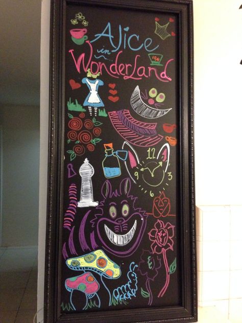 DIY chalkboard with Alice in Wonderland chalk art. Alice In Wonderland Chalk Art, Alice In Wonderland Chalkboard, Alice In Wonderland Coffee Shop, Alice In Wonderland Painting Easy, Diy Birthday Chalkboard, Alice In Wonderland Kitchen, Window Drawings, Alice In Wonderland Paintings, Sheepdog Puppy