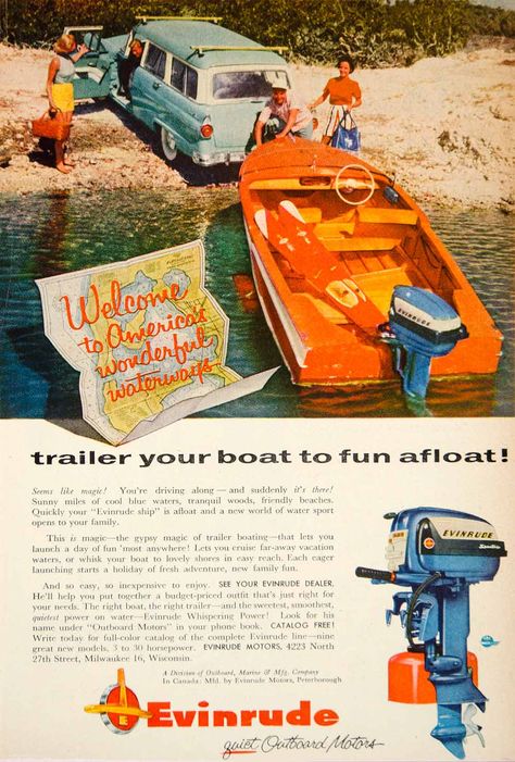 1956 ad for the Sportwin outboard boat motor that was made and sold by Evinrude Motors- Milwaukee Wisconsin #wisconsin #boats #motor #vintage Outboard Boat Motors, Classic Wooden Boats, Outboard Boats, Garage Man Cave, Chris Craft, Vintage Boats, Old Boats, Cool Boats, Wood Boats