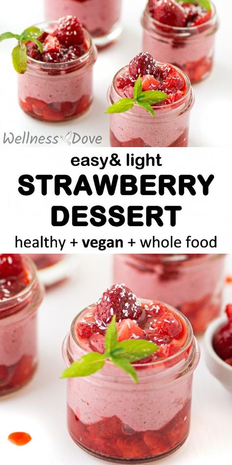 A perfect snack or a light dessert that is super healthy. Practically whole food, this vegan dessert has a sublime strawberry flavor. Refreshing and easy, a great way to eat healthy and enjoy the little moments in life. Healthy Strawberry Dessert, American Picnic, Easy Strawberry Dessert, Plant Based Dessert Recipes, Easy Strawberry Desserts, Light Dessert, Whole Foods Vegan, Quick Vegan, Plant Based Desserts