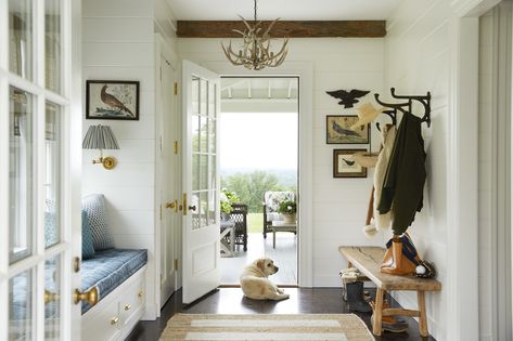 How Designer Ashley Whittaker Created a New "Old" House – Frederic Magazine Sunroom Entryway, Ashley Whittaker, New Old House, Rough Hewn Wood, Yellow Curtains, Scenic Wallpaper, Banquette Seating, Old Home, Farmhouse Decor Living Room